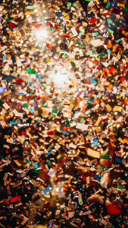 A dense shower of multicolored confetti falls against a background of blurred golden bokeh lights, creating a vibrant and festive celebratory scene.の素材