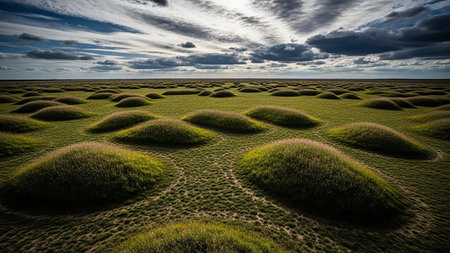 A wide, green field is covered in many small, rounded mounds. The sky above is filled with dramatic, dark clouds with bright sunlight breaking through.の素材