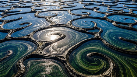 Swirling patterns of blue and green water in rock pools reflecting sunlight, creating abstract natural textures and fluid motion on a coastline.の素材