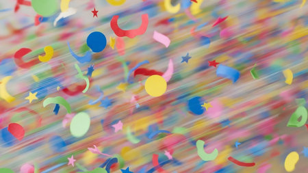 A vibrant explosion of colorful confetti shapes is captured with a dynamic motion blur effect against a streaked background, conveying energy and festivity.の素材