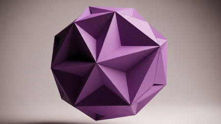 Conceptual showing a detailed 3d rendering of a complex geometric polyhedron sculpture in a vibrant matte purple hue with sharp angular facets and subtle shadow...の素材