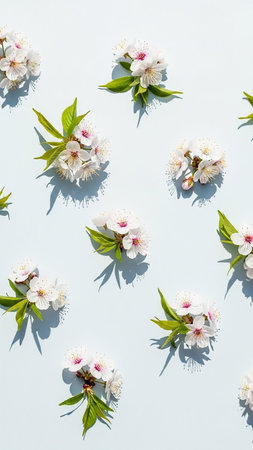 Centers showing a repeating pattern of delicate white cherry blossoms with pink centers and vibrant green leaves are arranged diagonally on a pale blue background,...の素材