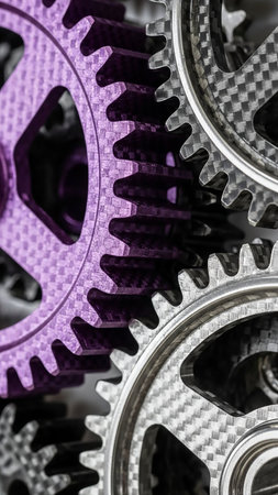 A close-up macro shot of interlocking gears with a purple gear and carbon fiber textured gears, showcasing intricate mechanical detail and metallic textures.の素材
