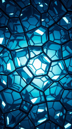 A close-up view of a tessellated geometric pattern composed of glowing blue hexagonal shapes with dark outlines and bright internal illumination.の素材