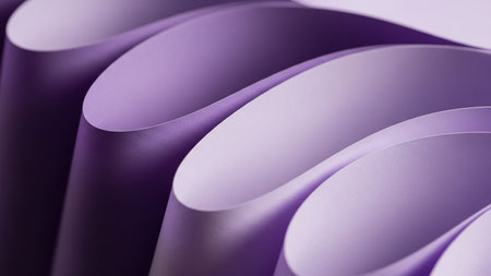 A close-up view of layered purple paper ribbons creating a smooth, undulating abstract background with subtle gradients and soft shadows.の素材