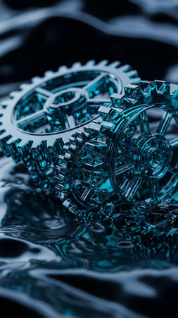 Industry showing close-up of interlocking metallic blue gears submerged in dark, rippling liquid with dramatic lighting and reflections keywords: gears, mechanical,...の素材