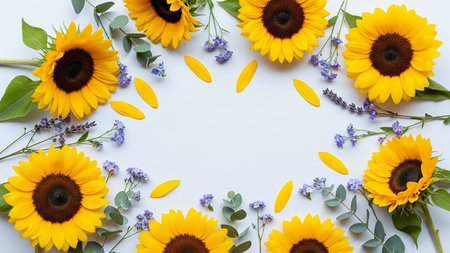 A vibrant circular frame of bright yellow sunflowers, small purple flowers, and green leaves on a white background with scattered petals.の素材