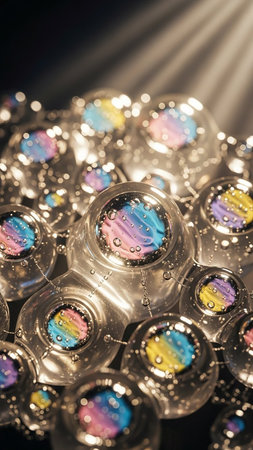 Macro view of clear glass spheres with internal rainbow gradients and tiny water droplets clinging to their surfaces, catching the light.の素材