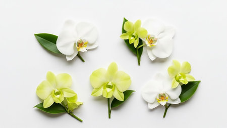 Five orchid blossoms, two pale green and three white, are artfully arranged with dark green leaves on a bright white surface.の素材