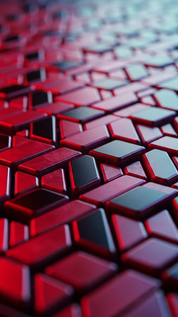Close up perspective of a futuristic geometric tessellation pattern with interlocking hexagonal and rectangular shapes in deep red and black with glowing blue light...の素材
