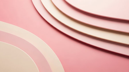 Stock showing close up of layered curved paper shapes in soft pastel pink and cream colors creating a smooth abstract background with subtle shadows and a sense of...の素材