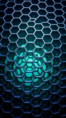 A close-up macro view of a dark metallic hexagonal grid structure with a vibrant glowing teal light emanating from within the honeycomb pattern.の素材