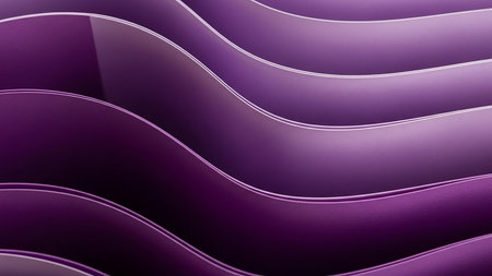 Vibrant purple paper sheets are layered and curved into smooth waves, creating a dynamic abstract background with soft shadows and highlights.の素材