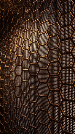 Background showing close-up macro view of a metallic hexagonal grid pattern with small perforations and warm golden lighting creating a textured abstract background...の素材