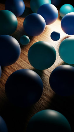Various sized dark blue and teal spheres are scattered across a wooden plank surface, illuminated by dramatic lighting that casts deep shadows.の素材