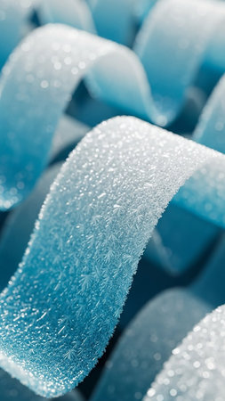(10349) showing close-up macro view of icy blue ribbon texture with intricate frost crystals forming delicate star shapes on its surface creating a cold winter...の素材