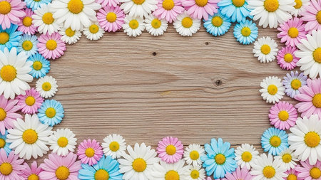 Center showing daisies and chrysanthemums in pink white and blue form a floral border around a rustic wooden plank background with copy space in the center for text...の素材