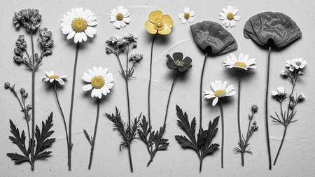 A collection of delicate botanical specimens including daisies, poppies, and buttercups arranged in a monochromatic grayscale and yellow palette on a textured...の素材