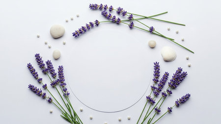 A circular arrangement of lavender sprigs, smooth white stones, and small pearls on a plain white surface, creating a serene and delicate composition.の素材