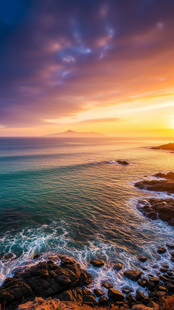A dramatic sunset casts vibrant colors across the sky, illuminating a turquoise ocean with crashing waves against dark, rocky shores.の素材