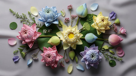 A flat lay arrangement of pastel origami lotus flowers in various colors, interspersed with green leaves and delicate sprigs on gray fabric.の素材