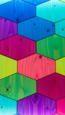 A striking geometric pattern of brightly colored hexagonal wooden tiles in shades of blue, green, pink, and purple, showcasing wood grain.の素材