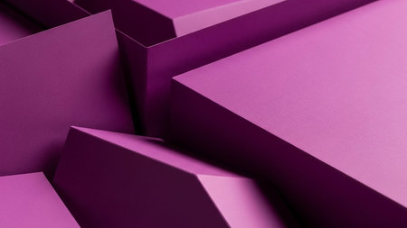 Deep showing abstract geometric composition of sharp edged purple blocks and planes creating a dynamic and angular 3d rendered background with strong shadows...の素材