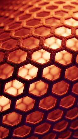 A detailed macro shot of a woven hexagonal pattern in warm orange and red hues, with light creating a glowing effect and visible depth.の素材