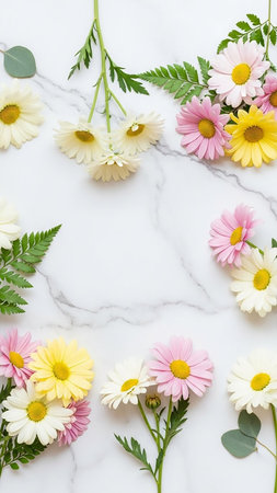 Daisies showing flat lay composition of assorted daisy flowers in pink, yellow, and white with green fern leaves arranged on a white marble surface, creating a...の素材
