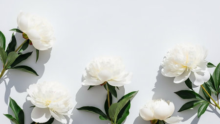 Background showing five delicate white peonies with green leaves arranged on a clean white background with soft shadows cast by natural light. resolutionの素材