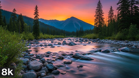 A rocky river flows rapidly towards a mountain range, bathed in the vibrant orange and pink hues of a sunset sky.の素材
