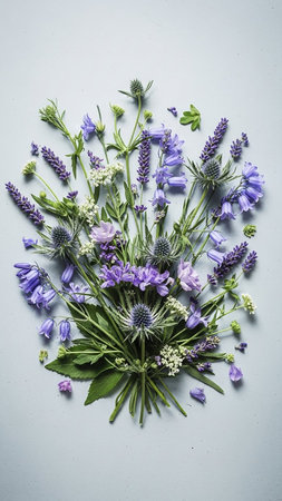 An overhead view of a lush bouquet of purple and blue wildflowers, featuring lavender, thistles, and bluebells, on a light gray background.の素材