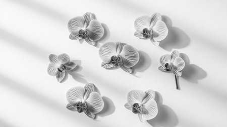 Monochromatic showing monochromatic arrangement of seven orchid flowers with intricate striped petals scattered on a white background with dramatic shadows.の素材