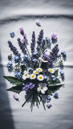 A charming bouquet of lavender, daisies, and forget-me-nots with green leaves is artfully arranged on a textured white fabric.の素材