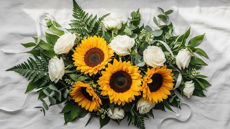 Overhead view of a floral arrangement with yellow sunflowers, white roses, green foliage, and white ribbons on a white textured surface.の素材
