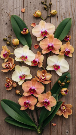 Displayed showing a arrangement of delicate peach and cream orchids with lush green leaves artfully displayed on a rustic wooden plank surface creating a natural...の素材