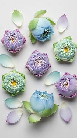 Intricately folded lotus flowers in pastel purple, blue, and green hues are artfully arranged with scattered petals on a clean white background.の素材