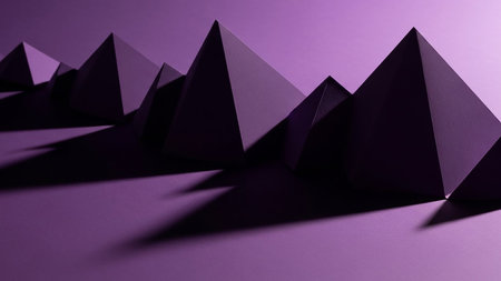 showing a row of dark purple geometric pyramids casting long shadows on a flat purple surface with subtle lighting creating a sense of depth and abstract...の素材