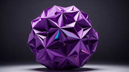 A faceted geometric purple crystal sphere with sharp edges and reflective surfaces casts subtle shadows on a dark surface.の素材