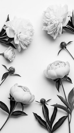Serene showing black and white composition of peony flowers and buds with dark stems and leaves on a white background keywords: peony, flowers, black and white,...の素材