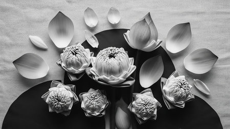 Serene showing a striking black and white still life composition featuring meticulously folded lotus flower buds and scattered petals arranged on a textured fabric...の素材