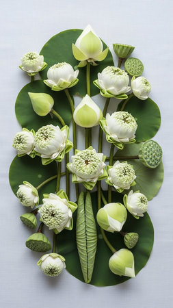(6677) showing a down arrangement of fresh white lotus flowers and buds with green leaves and seed pods on a light background creating a serene and balanced...の素材