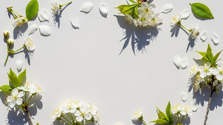 Delicate white cherry blossom branches with green leaves and scattered petals form a circular frame on a clean white background.の素材