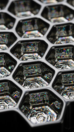 Revealing showing close-up macro view of a black honeycomb structure with reflective, iridescent interior facets keywords: honeycomb, hexagon, macro, close-up,...の素材