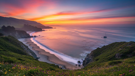 A vibrant sunset paints the sky with hues of orange, pink, and yellow over a tranquil ocean and a secluded beach. Lush green hills dotted with wildflowers frame the...の素材