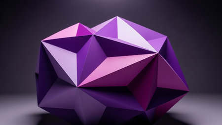 A vibrant geometric crystal sculpture in shades of purple and pink with sharp edges and reflective surfaces, set against a dark gradient background with dramatic...の素材
