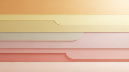 Horizontal stacked layers of soft pastel colored paper or cardstock with subtly curved edges create a clean, modern, and minimalist background with gentle shadows.の素材