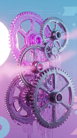 Interlocking metallic and translucent purple gears appear to be melting and dripping liquid against a soft gradient sky background, suggesting a surreal mechanical...の素材
