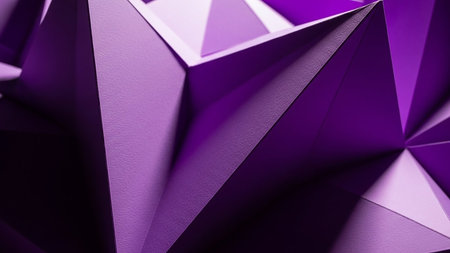 An intricate abstract geometric form with sharp, angled planes and facets in deep shades of purple and violet, illuminated by dramatic lighting.の素材