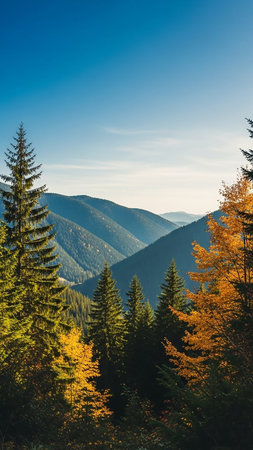rolling mountains covered in evergreen and golden autumn trees under a clear, bright blue sky, showcasing a vibrant landscape.の素材